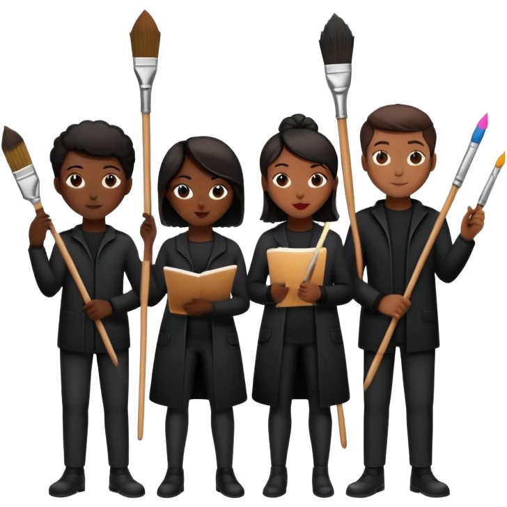 Group of creative people in black outfits, holding paintbrushes, scripts, or tools – theatrical, collaborative vibe emoji