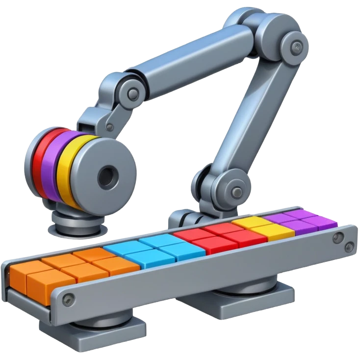 robot arm which is picking blocks on conveyor belt emoji