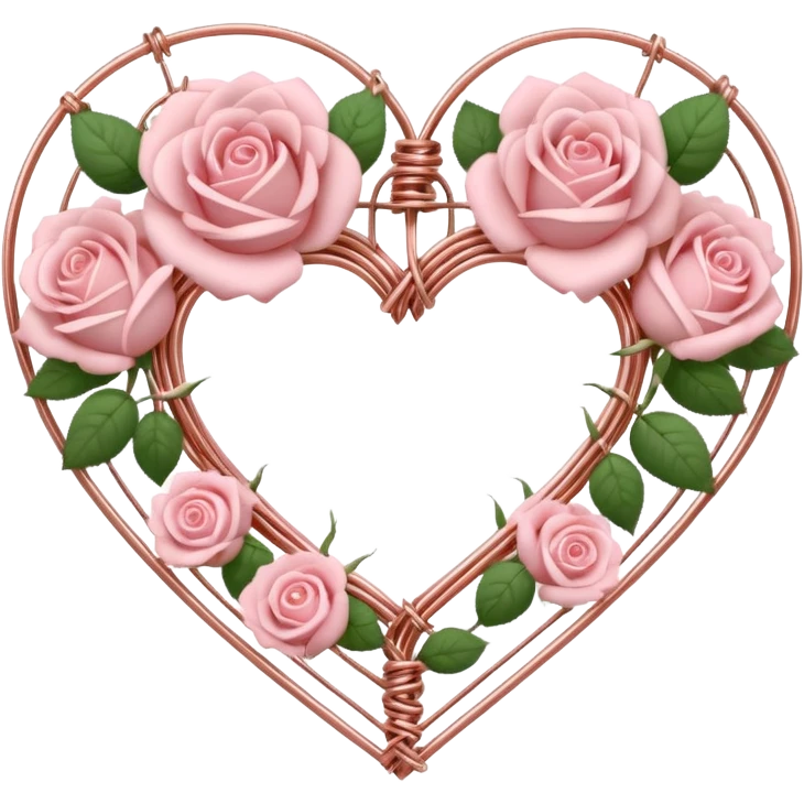 Rose-gold met wires tied into a heart shape with pastel pink roses adorning it emoji