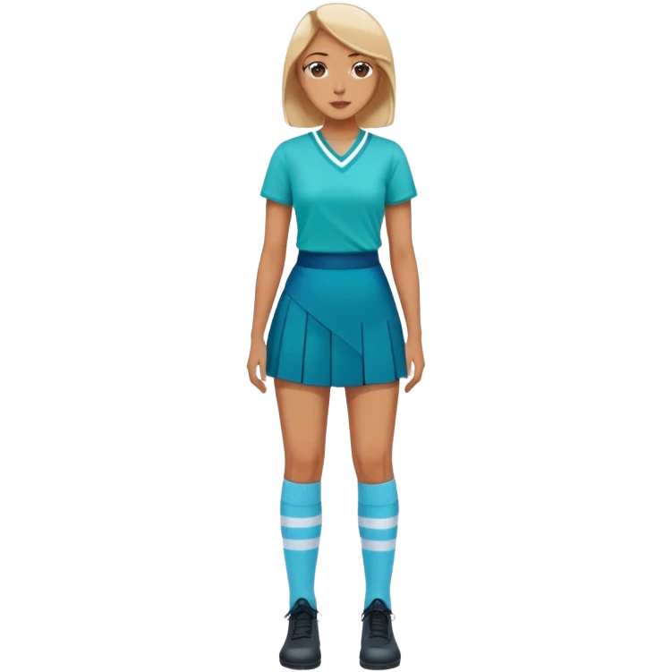 woman wearing teal wrap shirt, blue a-line skirt, light blue knee-high socks emoji
