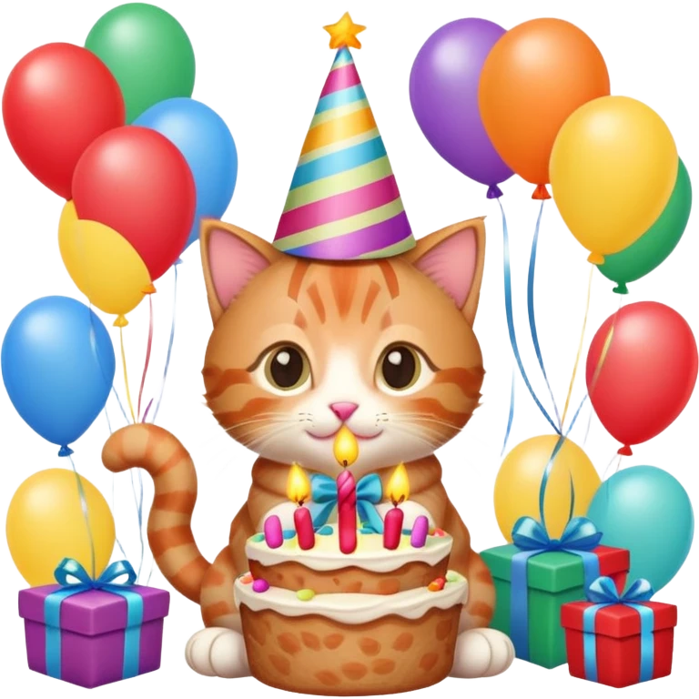 Ginger tabby kitten celebrates birthday, birthday hat, birthday cake, balloons, happy, gifts emoji