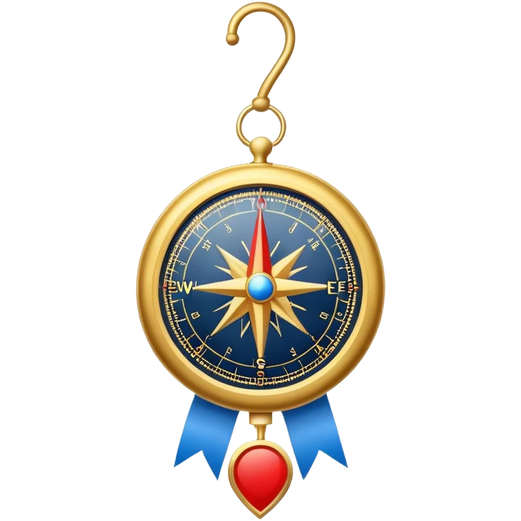 iOS compass with gold trim and blue and red direction markers hanging from a white ribbon emoji