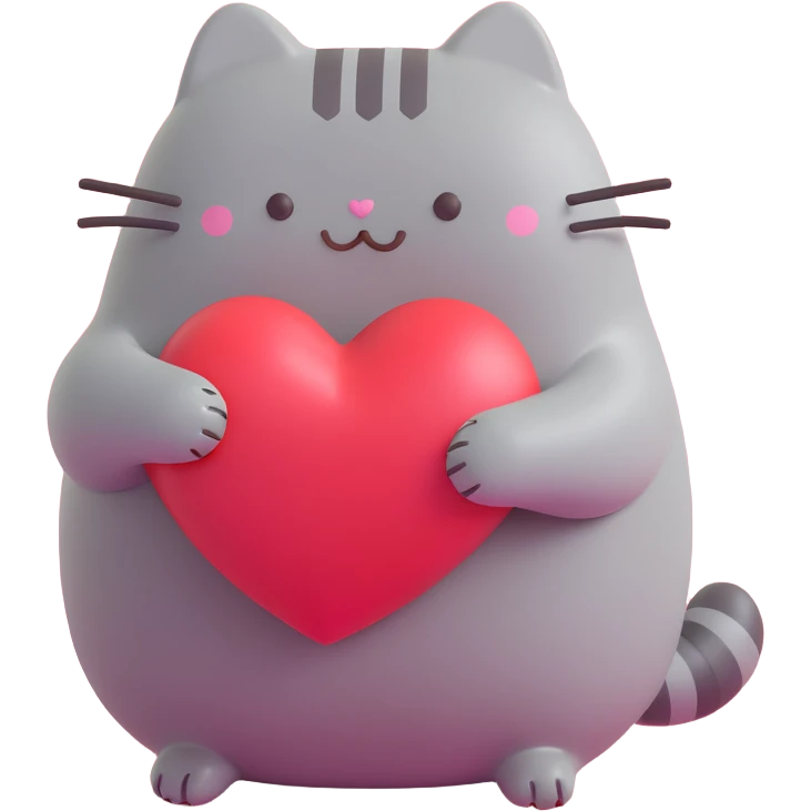 Pusheen hugging a big heart, 3D, pastel colors, joyful emoji