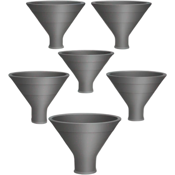 Create a sales funnel image with stacked layers in an emoji style, using simple, rounded shapes, without color or text. Include a Euro symbol (€) on each layer. The funnel should taper from top to bottom, each section showing a basic emoji-like design. emoji