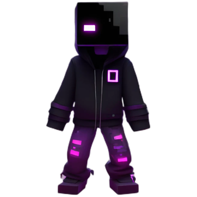 Minecraft Creeper wearing a black hoodie with "OMG" letters on it and VR headset in a cyberpunk VR environment with violet neon lighting. emoji