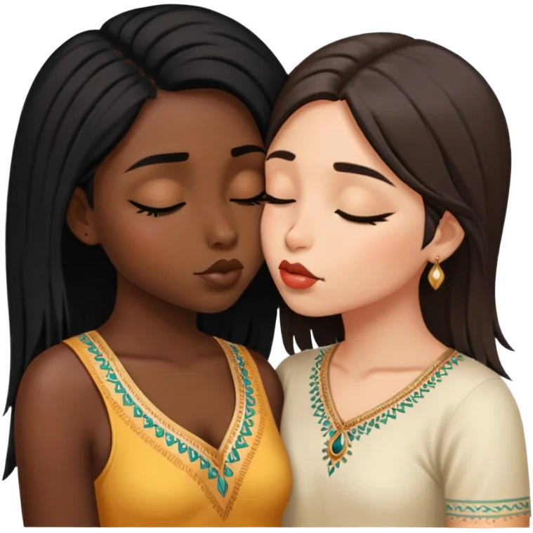 two girls kissing one short hair (black girl) one long hair (indian girl) with their eyes open  emoji