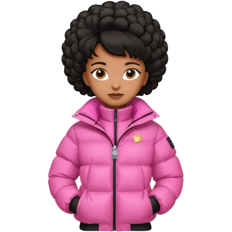 A brown skin  skinned girl that’s has puffy black hair with her hair up in a puffy hairstyle and skinny and wears a pink puffer coat emoji