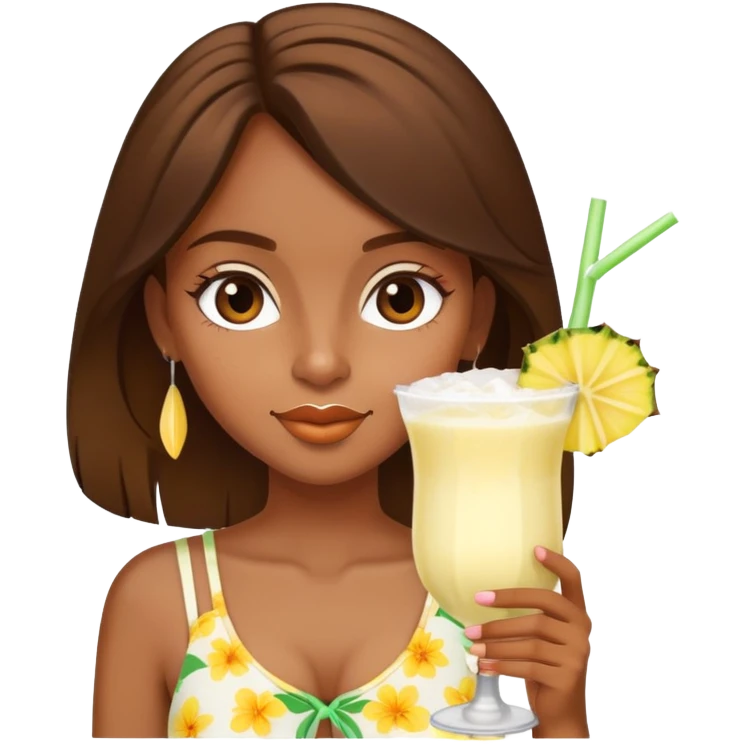 generate a brown skinned girl with brown hair wearing a summer outfit sipping a pina colada emoji