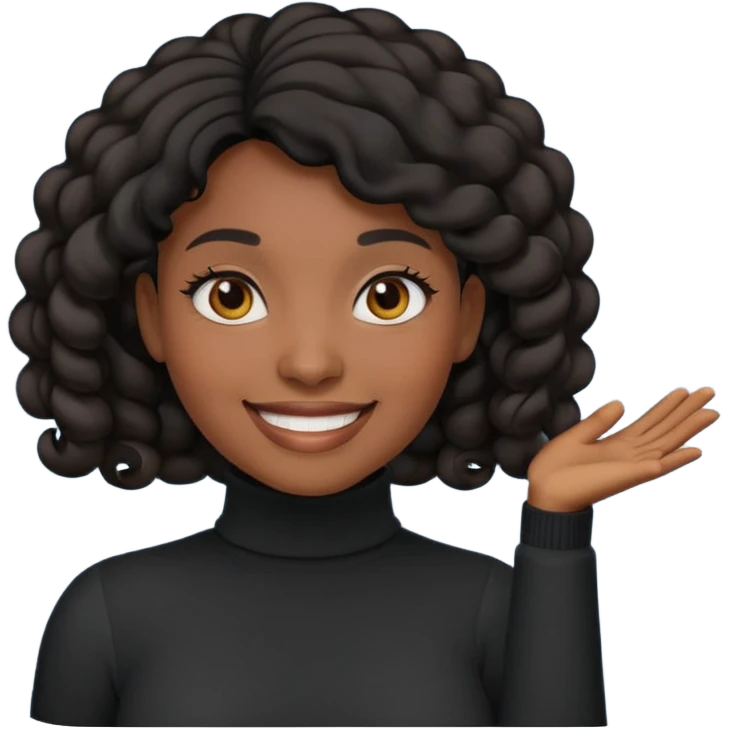 Create a custom emoji-style character inspired by a smiling black woman with curled black hair, dark skin tone, dark eyes, and wearing a turtleneck.  emoji