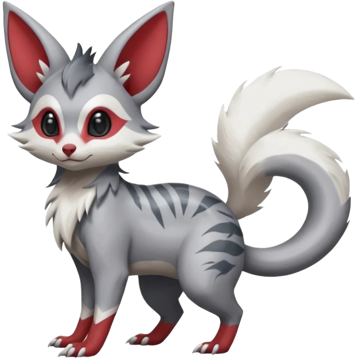 Minccino-Lykoi-Zangoose-fusion-hybrid-animal-Fakémon-creature, full body, thin long sleek scaly tail, intricate markings emoji