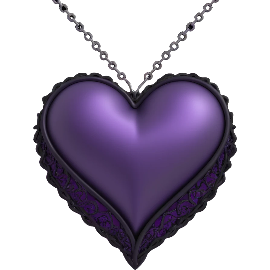 3D emoji gothic heart, deep purple satin, black lace trim, silver chain wrap, faint purple glow emoji