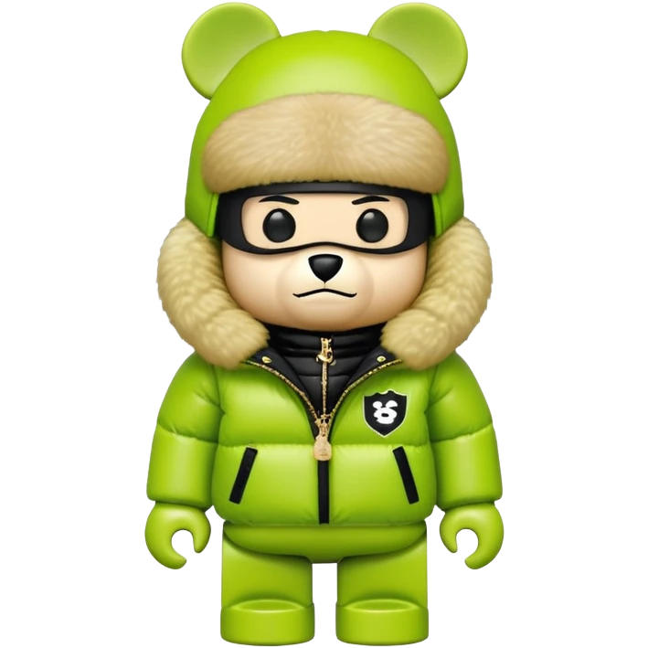 authentic cubic bearbrick figure with block head, wearing lime green balaclava with integrated black visor lens at eye area, oversized Supreme logo puffer jacket with large fur collar and fur trim, gold chains emoji