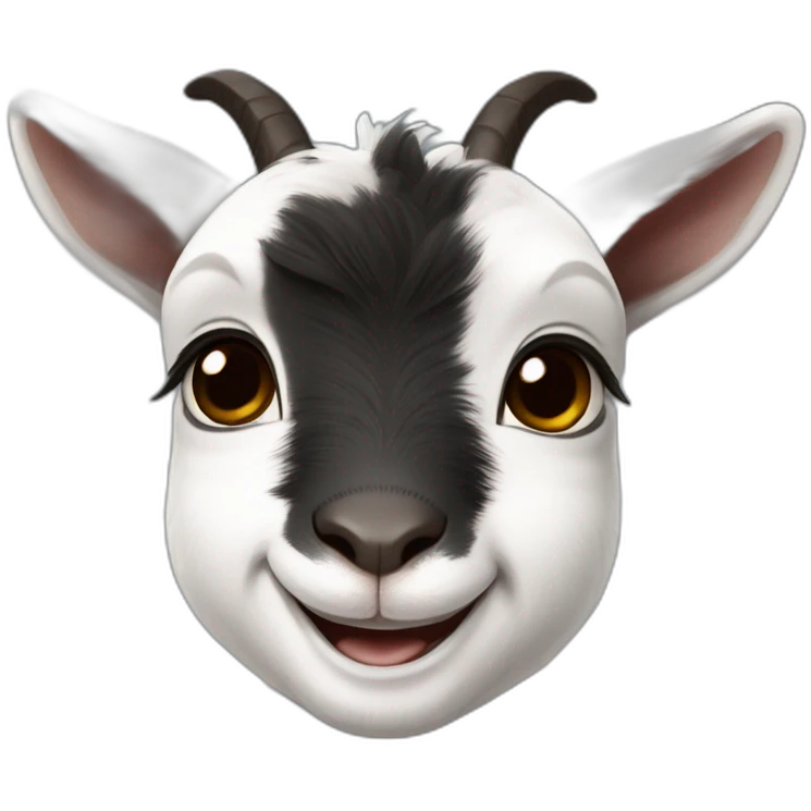 baby goat with a black face, brown eyes, grey ears and a white spot on their head, smiling emoji