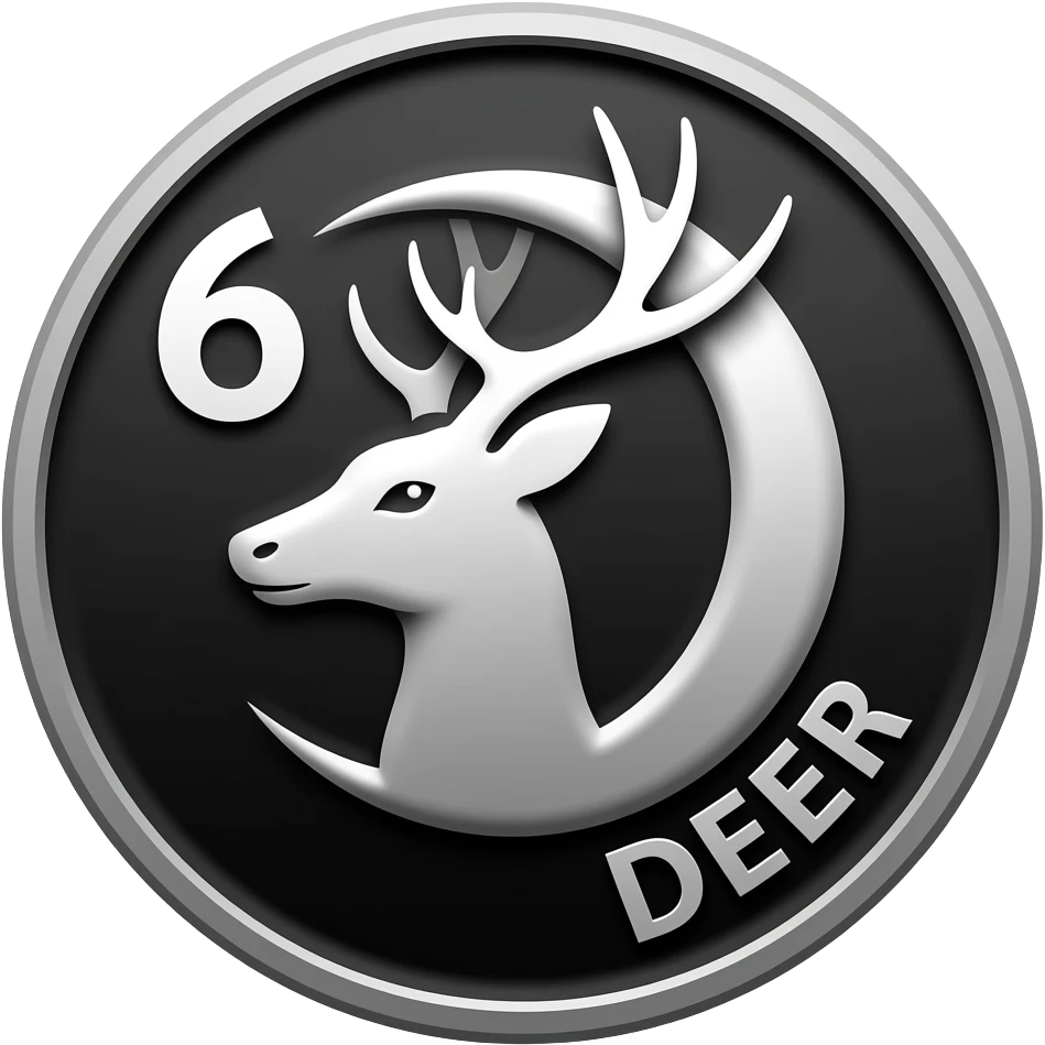 “Silver metallic coin medallion, black background, bold engraved style, number ‘6’ in top left, central design of a graceful deer with antlers framing a crescent moon, strong black outlines and shading, word ‘DEER’ in bottom right, high contrast, clean vector look” emoji