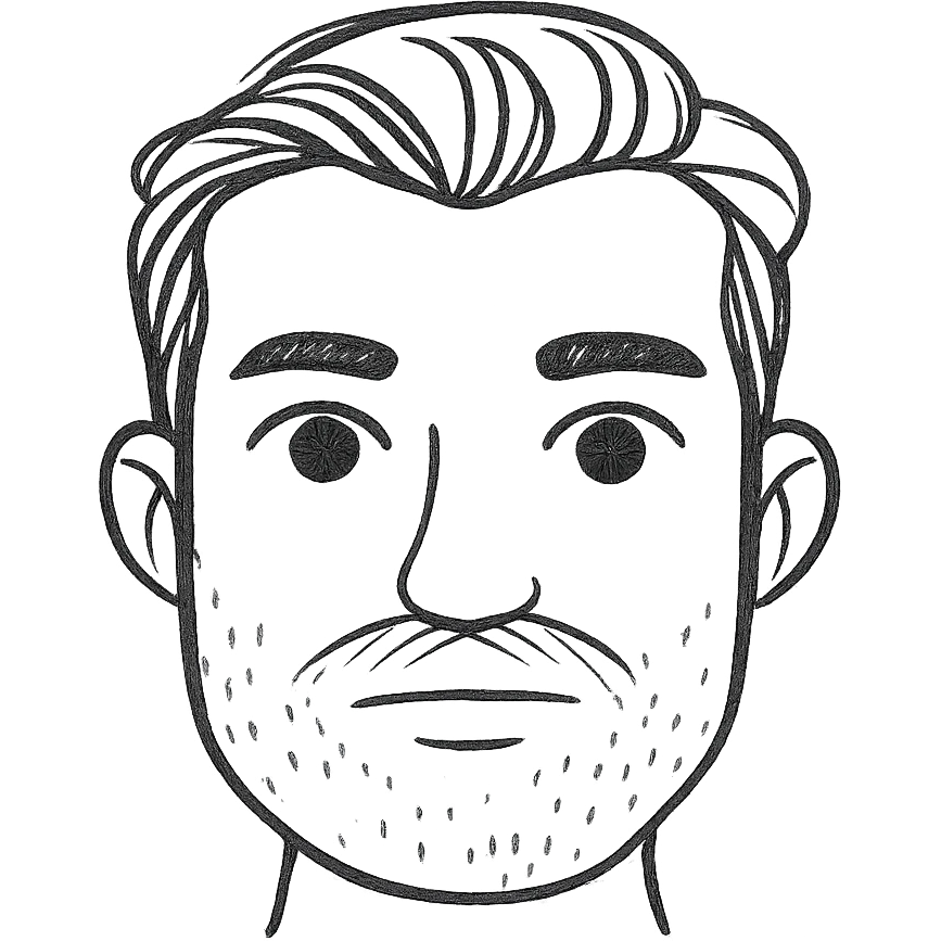 Make the beard less visible, just a hint of stubble, keep the style and background transparent in hand drawn icon style with no fill. emoji