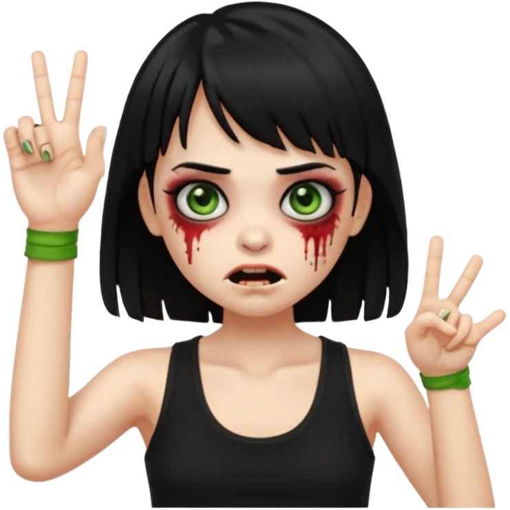 Crie um emoji de zumbi garota do iphone, que tenha o cabelo preto longo, pele levemente esverdeada, de cumprimento no peito, que tenha uma franja no tamanho da sobrancelha, com os olhos escuros e que use uma regata preta emoji