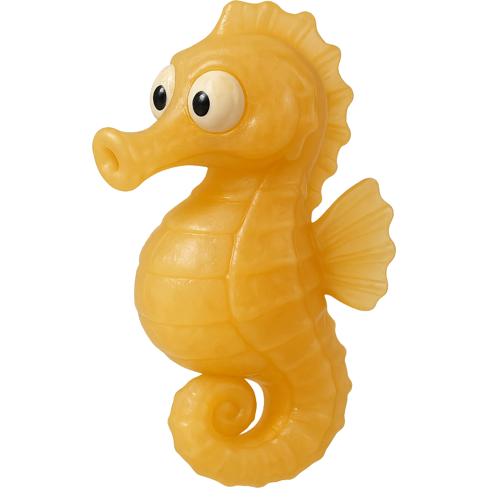 hyper-detailed retro 90's toy style seahorse, very transparent, natural yellow-orange, soft plastic, derpy eyes, soft reflections, soft and squishy, some cloudiness, not shiny, highly detailed, appealing, no tag, no background emoji