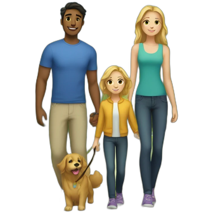 Family; young skinny Caucasian brunnet dad, young Caucasian black haired dad,golden retriever emoji