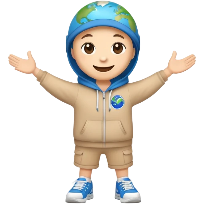 cute cartoon earth smiling, wearing sneakers standing with arms stretched out to give a hug emoji
