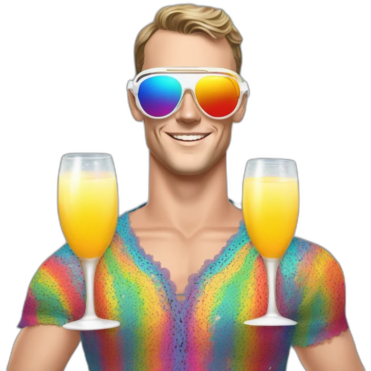 Fancy disco Jonathan Toews wearing rainbow lace shirt and wearing VR glasses and drinking a mimosa emoji