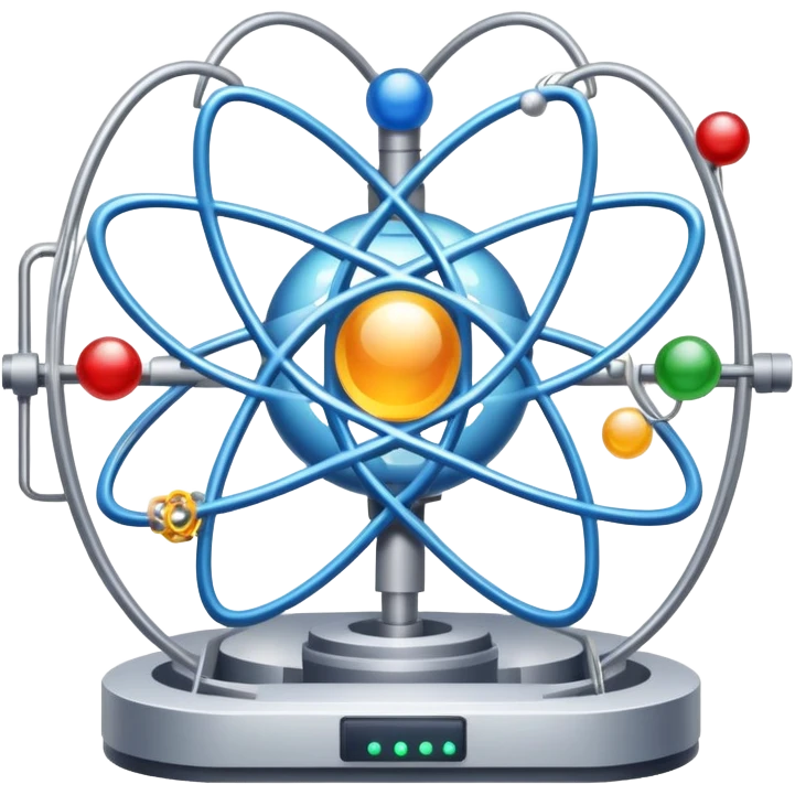 An icon featuring a large particle collider, atom symbols, and energy waves, symbolizing the field of physics. The design includes a lab setup with scientific equipment, representing experiments and fundamental forces of nature. Transparent background highlights the exploration of matter and energy. emoji