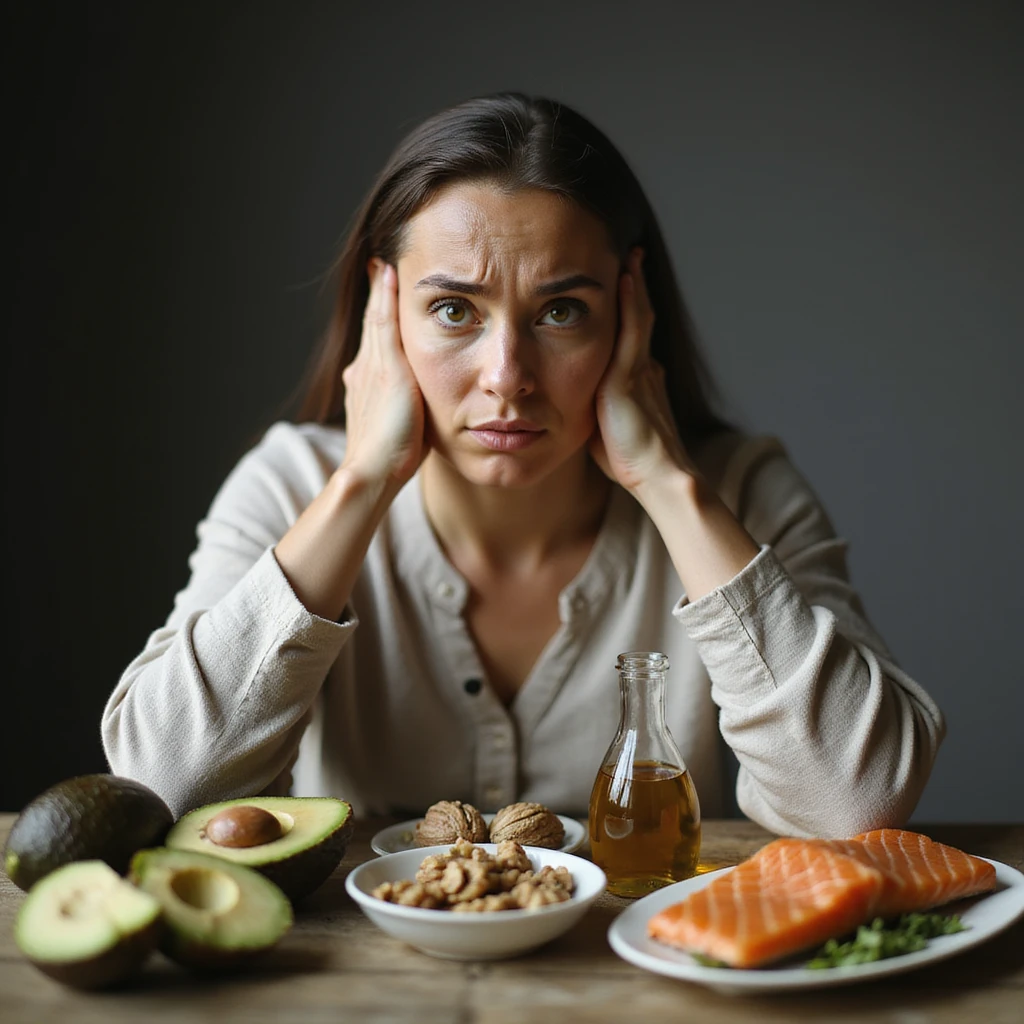 realistic scene of a confused woman in front of a table with avocado, olive oil, walnuts, and salmon, hyperrealistic details, 4K resolution, suggesting she does not know about good fats emoji