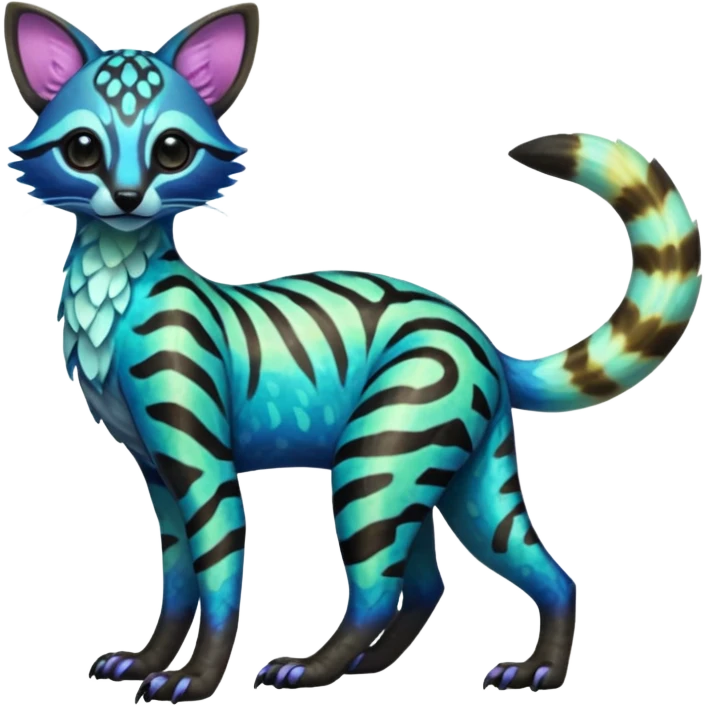 Rare realistic neon-colored iridescent shiny warm-colored lush tropical exotic cute epic pretty beautiful handsome gorgeous aesthetic colorful vibrant Vernid-Protogen-Primagen-Wickerbeast-Genet-Trico-species-Fakemon-hybrid-creature by LiLaiRa, beautiful intricate markings, full body emoji