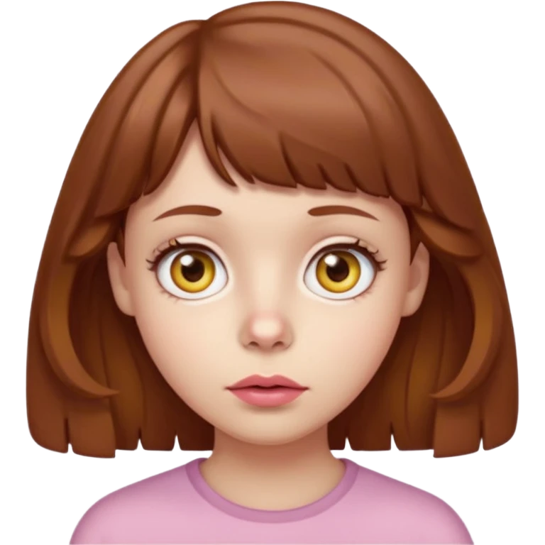 FAÇA UMA PERSONAGEM FOFA COM NARIZ DE BOLINHA AVERMELHADO CLARO E ZUMBI CABELO MARRON ONDULADO E FRANJA CURTA   COMO SE NÃO SOUBESSE OQ FEZ LÁBIOS CLAROS FECHADOS E OLHOS AMARELOS emoji