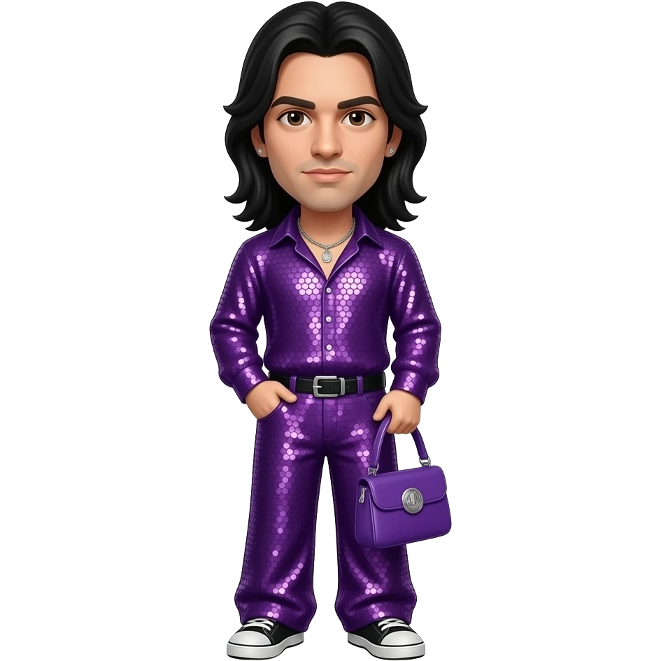 Jonathan Davis with brown eyes, long black hair, purple sequin shirt, purple sequin baggy pants, necklace emoji