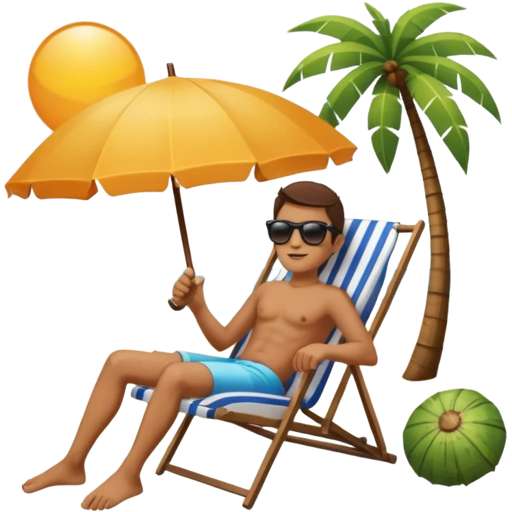a dog laied on a beach chair, a sunny beach, a sun umbrella, and beach coconut trees. the icon should capture the essence of a relaxing beach vacation with a carefree atmosphere emoji