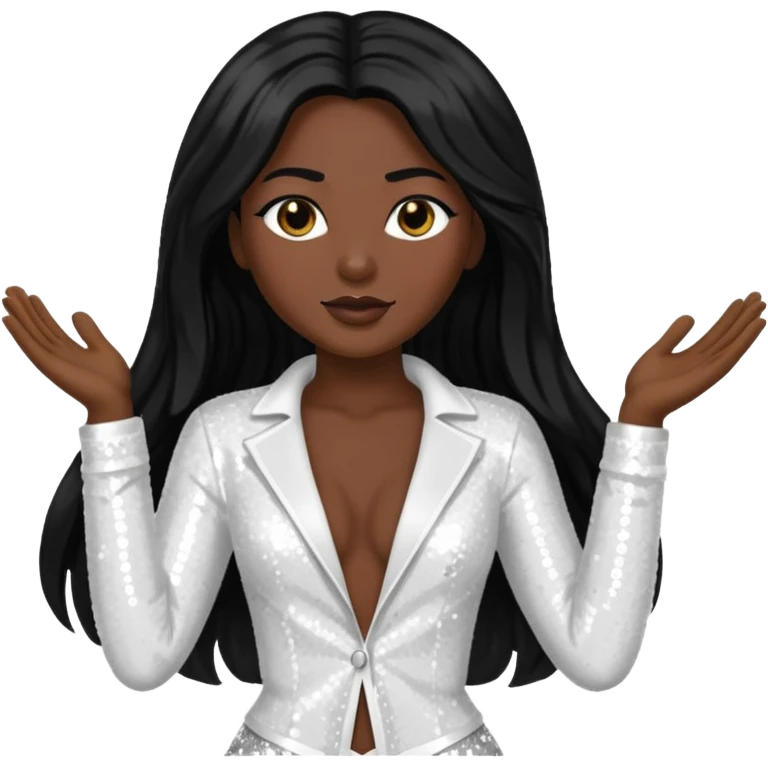 Victory from Vampirella with dark skin, long black hair, white sequin outfit emoji