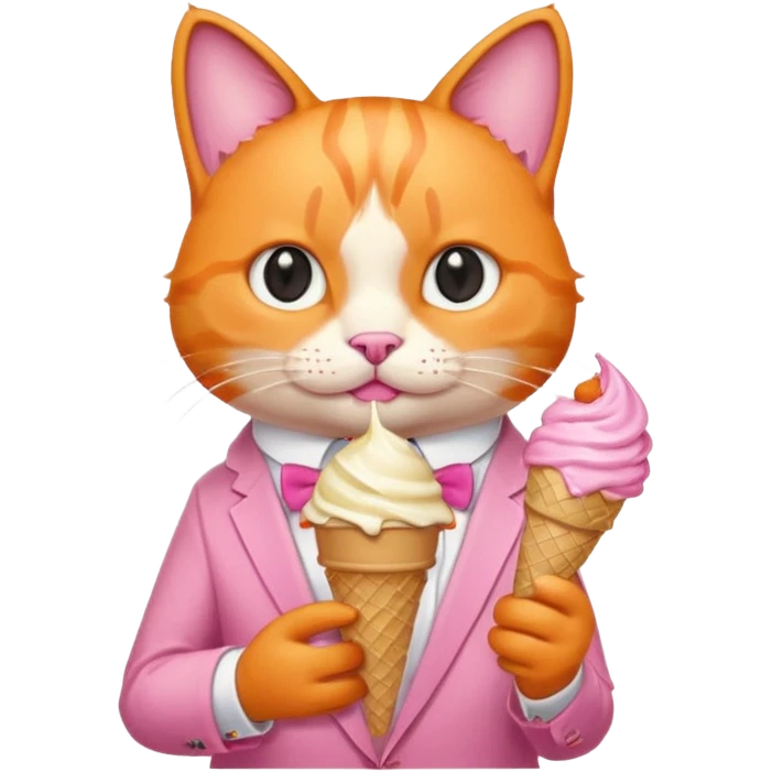 گربه ای نارنجی که لباس و پاپیون صورتی تنشه و بستنی دستشه emoji