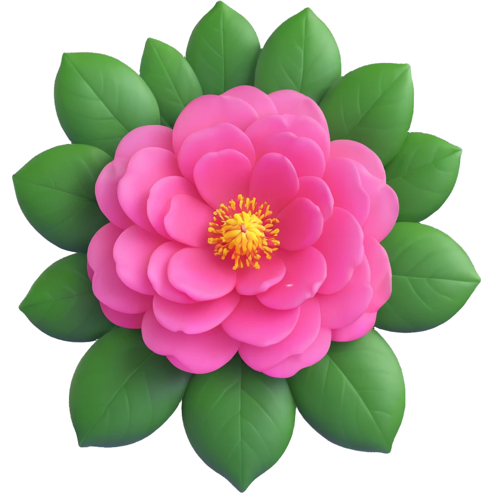 Detailed pink camellia flower with perfectly arranged petals and shiny dark green leaves emoji