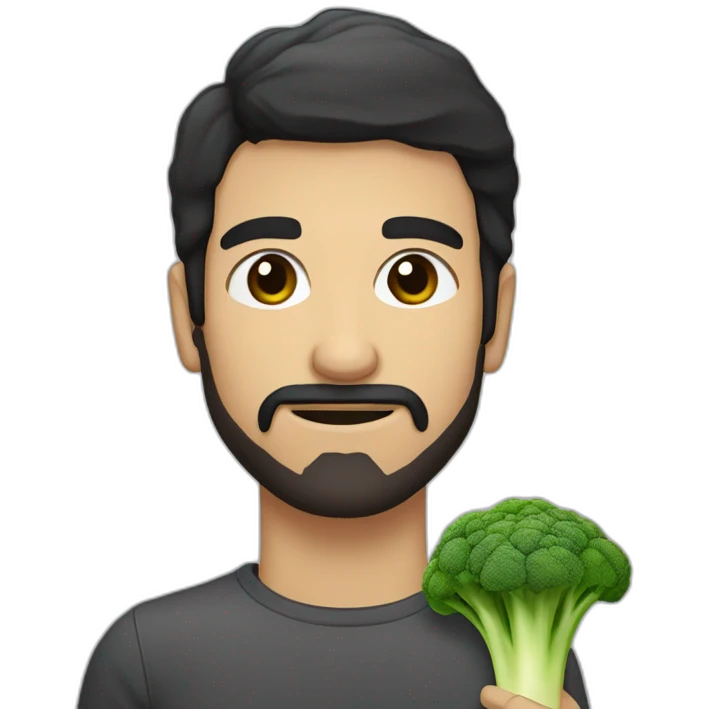 a slender mexican man with dark hair and short beard holding a broccoli emoji