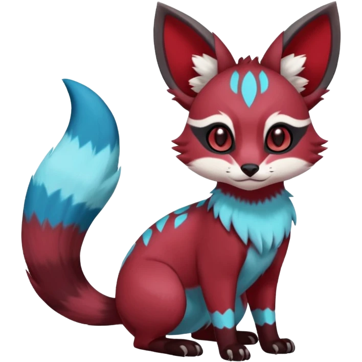 Rare realistic cool burgundy-red fur cute epic aesthetic colorful Amaura-Glaceon-Civet-Genet-species-Fakemon-hybrid-creature, with markings, full body emoji