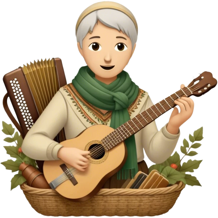 Create a warm and rustic emoji representing folk singing, using a humanless collage. The design should feature traditional folk instruments such as a balalaika, domra, or accordion, arranged around a vintage microphone to evoke a sense of community and storytelling. Include elements like a woven basket, traditional scarves, or musical notes to symbolize the connection to nature and heritage. Use earthy tones like brown, green, and gold, with subtle accents to emphasize the folk style. The background should be transparent. emoji