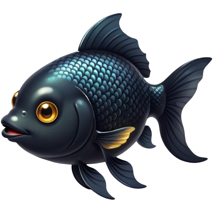 Cinematic Cute Black Goldfish Portrait Emoji, Head tilted playfully and inquisitively, featuring a glossy, deep black body with shimmering scales and round, sparkling golden eyes filled with curiosity, Simplified yet irresistibly adorable features, highly detailed, glowing with a warm, friendly glow, high shine, affectionate and lively, stylized with a touch of whimsy, bright and endearing, soft glowing outline, capturing the essence of a mischievous yet loving goldfish, so playful it feels like it could swim out of the screen and into your heart! emoji
