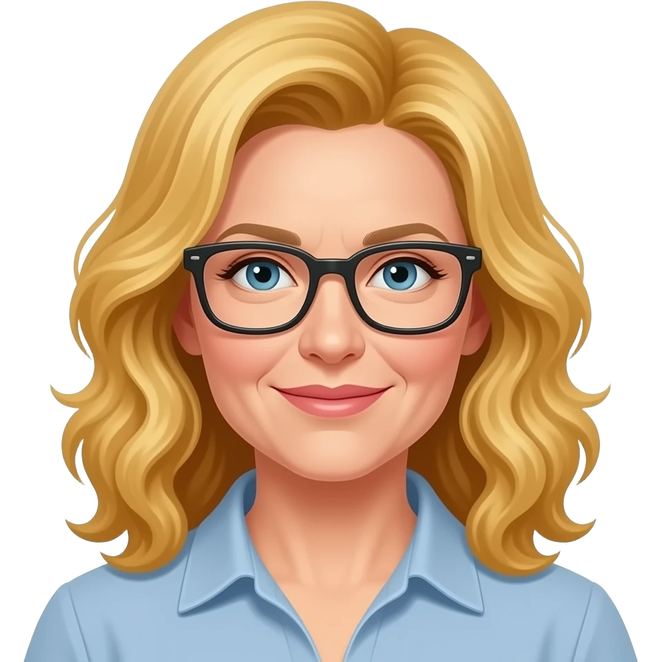 early forties woman with  bright blonde loosely  curled hair, rectangular glasses emoji