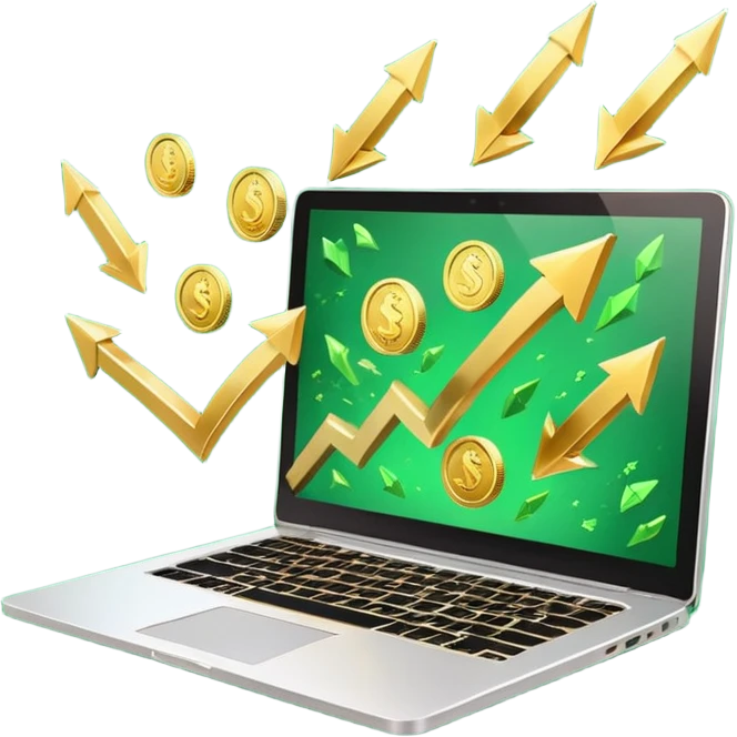 3D laptop icon with gold coins flying out of screen, green color (#0B3D2C), gold accents (#C9B037), upward arrows, glossy modern style, transparent background emoji