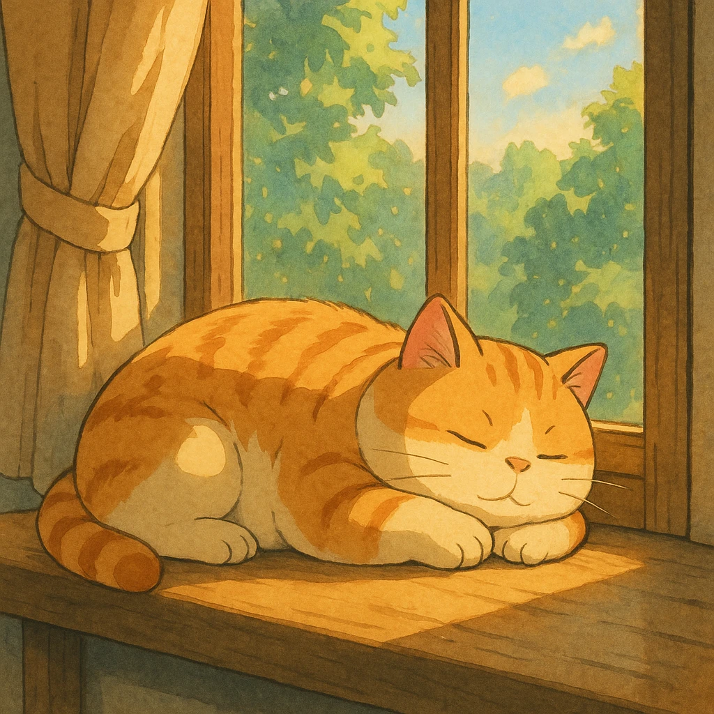 a chubby cat sleeping on a windowsill with sunlight streaming in, cozy and peaceful, ghibli style emoji