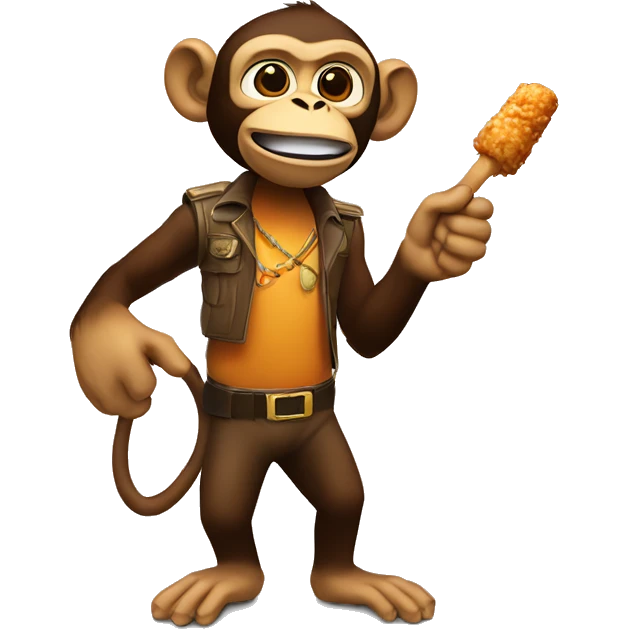 Front facing Monkey pointing blaster forwards in left hand and holding a fried chicken drum stick in right hand  emoji