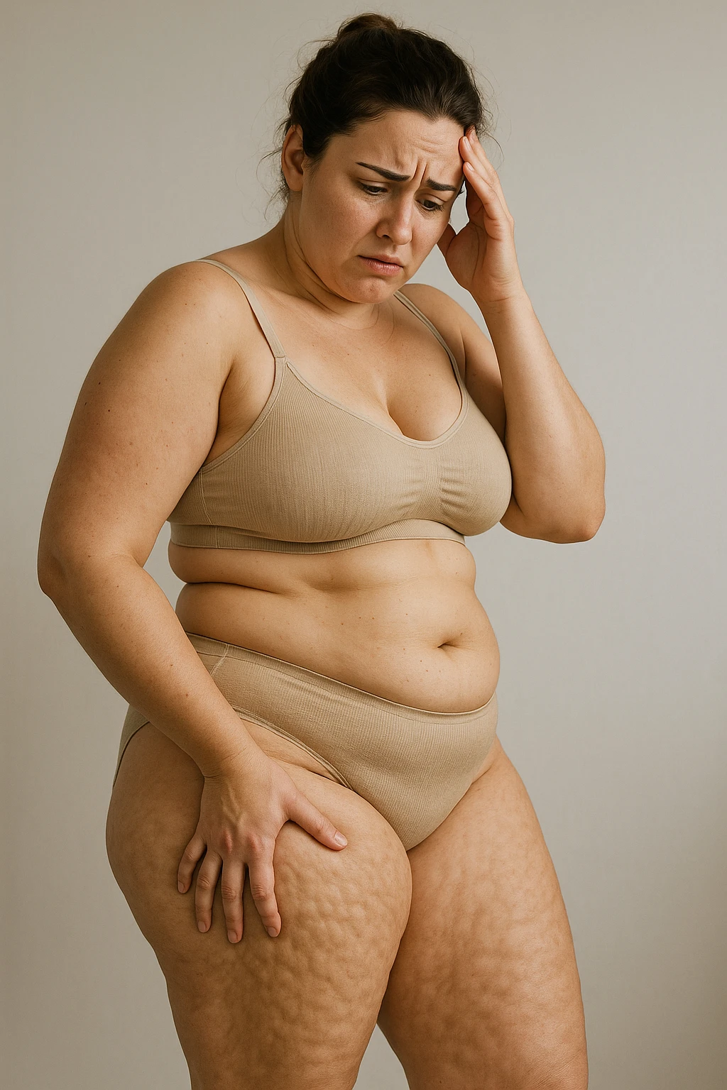 Donna con tanti inestetismi infelice sul corpo sempre riferite alla cellulite emoji