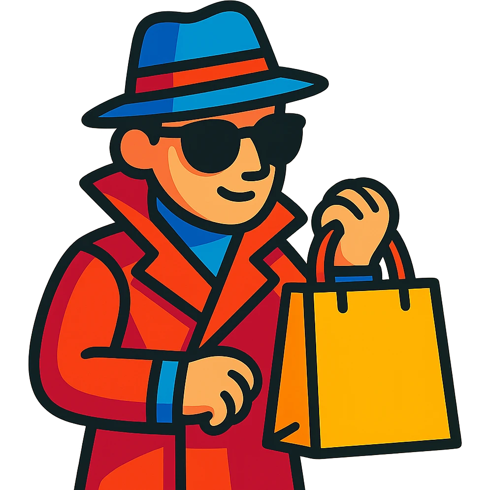 mystery shopper character holding a shopping bag, wearing sunglasses and a hat, vibrant toon style emoji