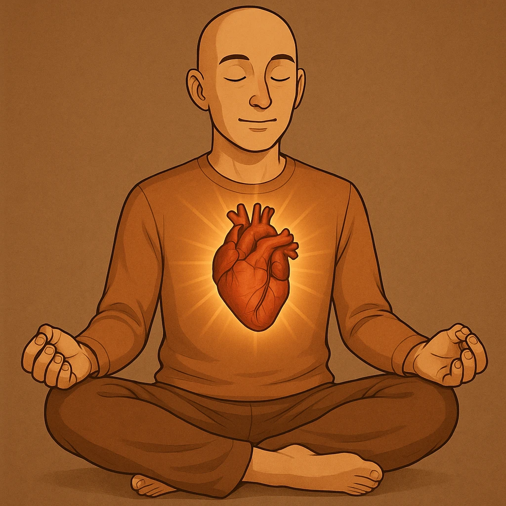 Person is meditating and his heart is glowing and shining, general style, with a real organ heart form emoji