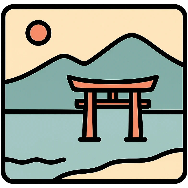 minimalist Japanese landscape icon, tranquil lake with distant torii gate, gentle colors, lots of negative space emoji