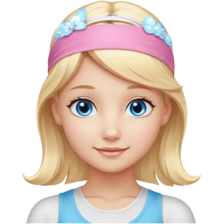 close-up of a beautiful angelic blonde girl's face, gentle smile, sparkling eyes, light pink yoga headband emoji