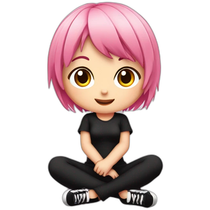 Full body Front view curvy emo girl pink hair sits on the floor straight view hands up black skirt полосатые рваные чулки emoji