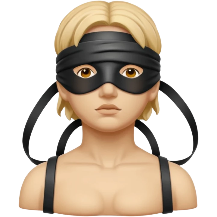 Statue-like figure blindfolded with leather straps, devotion and submission emoji