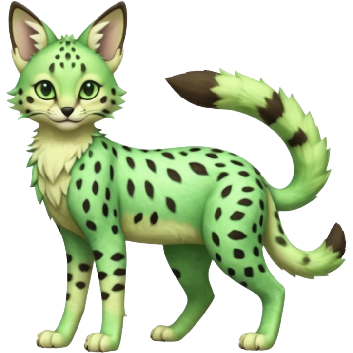 Epic complex detailed emerald-green pastel-lime-green dark-brown beige pastel realistic aesthetic-scenic-Fakémon-Sprigatito-Floragato-Meowscarada-Trico-Sergal-Serval-Vernid-creature (full body) emoji