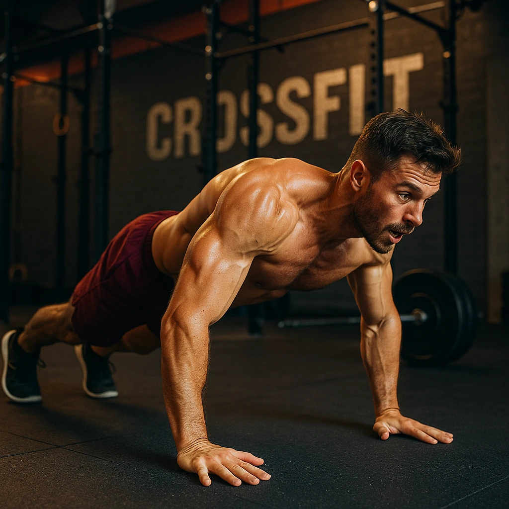 realistic 4K image of a crossfit athlete training burpees exercise, body in motion, defined muscles, vivid colors, energetic atmosphere, gym background emoji